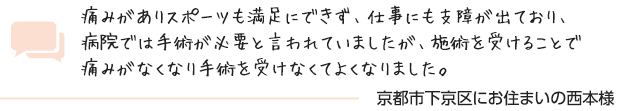 痛みがありスポーツも満足にできず、仕事にも支障が出ており、病院では手術が必要と言われていましたが、施術を受けることで痛みがなくなり手術を受けなくてよくなりました。