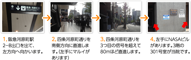 １，阪急河原町駅２－B出口を出て、左方向へ向かいます...